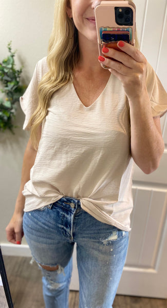 Sale! Beige Woven Flutter Short Sleeve Blouse