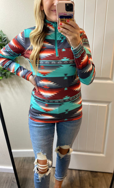 Turquoise Soft Aztec 1/4 Zip Pullover