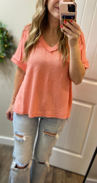 Ribbed V-Neck Hi-Low Short Sleeve Tops