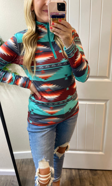 Turquoise Soft Aztec 1/4 Zip Pullover