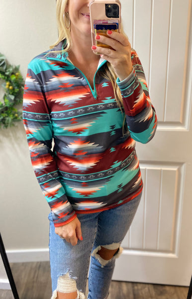 Turquoise Soft Aztec 1/4 Zip Pullover