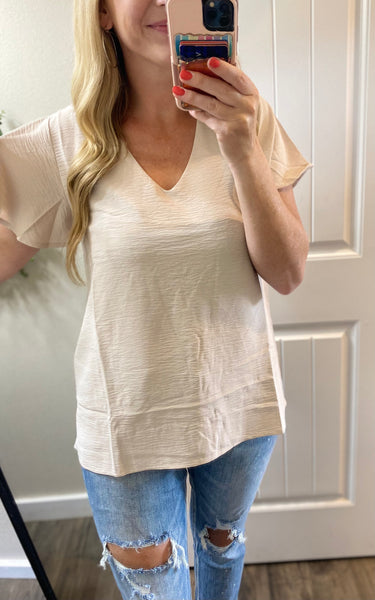 Sale! Beige Woven Flutter Short Sleeve Blouse