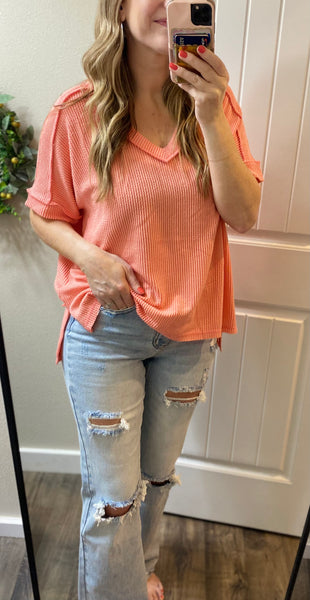 Ribbed V-Neck Hi-Low Short Sleeve Tops