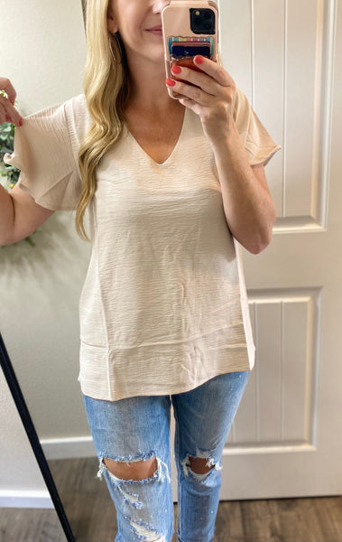 Sale! Beige Woven Flutter Short Sleeve Blouse