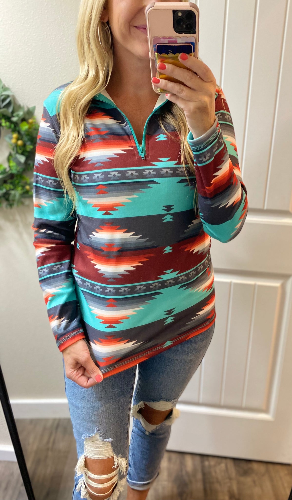 Turquoise Soft Aztec 1/4 Zip Pullover