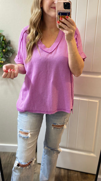 Ribbed V-Neck Hi-Low Short Sleeve Tops