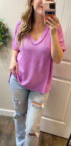 Ribbed V-Neck Hi-Low Short Sleeve Tops