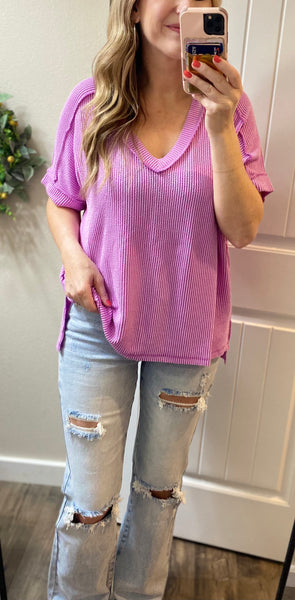 Ribbed V-Neck Hi-Low Short Sleeve Tops