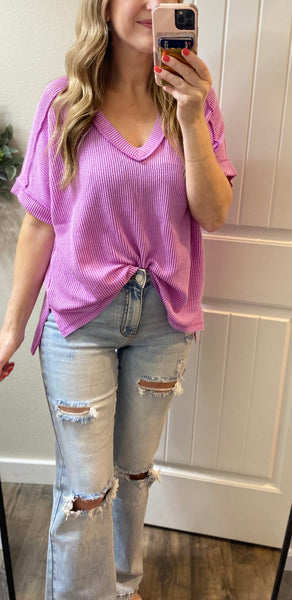 Ribbed V-Neck Hi-Low Short Sleeve Tops