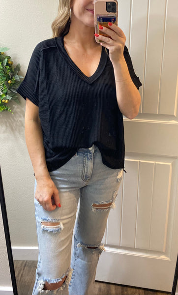 Ribbed V-Neck Hi-Low Short Sleeve Tops