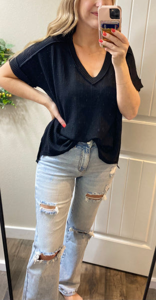 Ribbed V-Neck Hi-Low Short Sleeve Tops