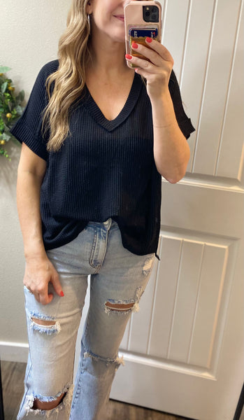Ribbed V-Neck Hi-Low Short Sleeve Tops