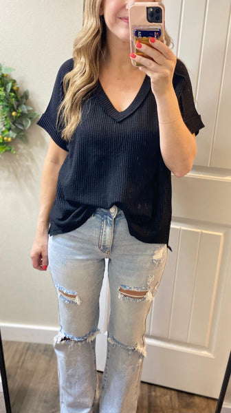 Ribbed V-Neck Hi-Low Short Sleeve Tops