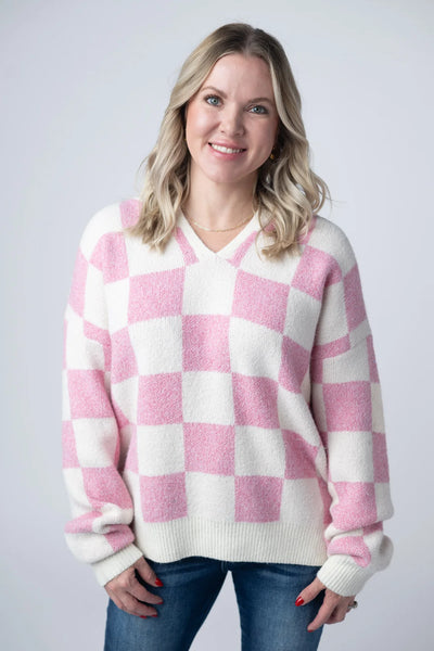 Pink Checkered Hooded Sweater