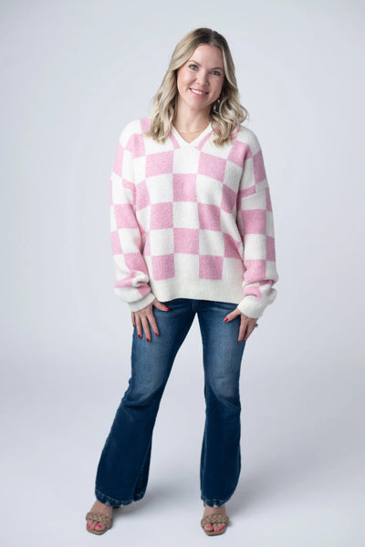 Pink Checkered Hooded Sweater