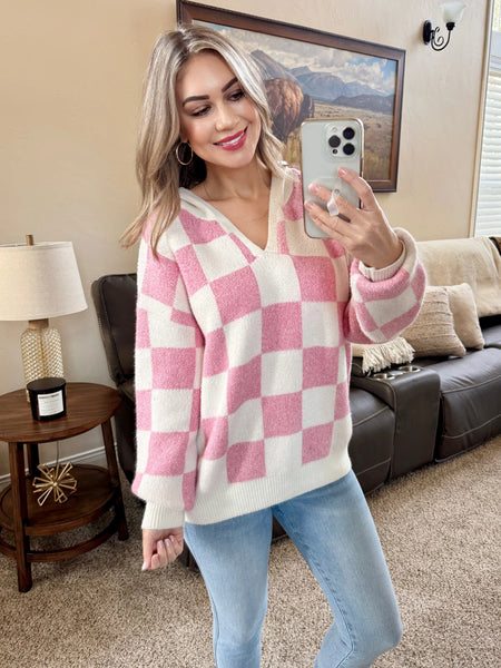 Pink Checkered Hooded Sweater