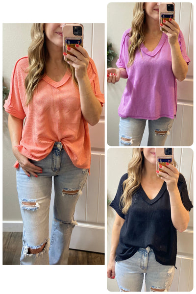Ribbed V-Neck Hi-Low Short Sleeve Tops