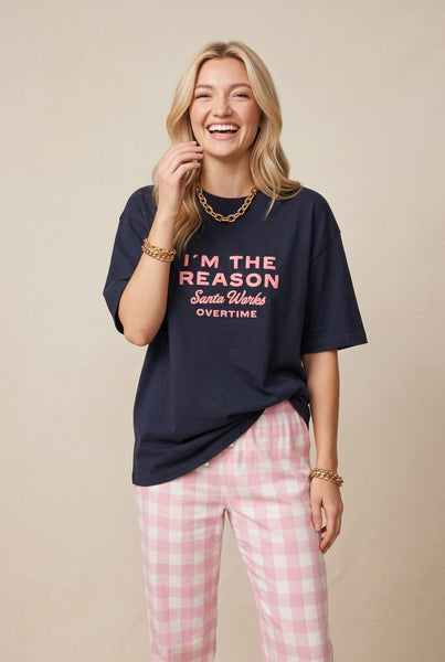 I'm the Reason Santa Works Overtime Mock Neck Tee