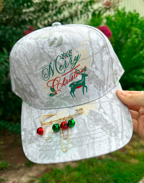 Vintage Merry Christmas With Reindeer Washed Camo Canvas Trucker