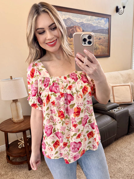 Floral Square Neck Short Sleeve Blouse