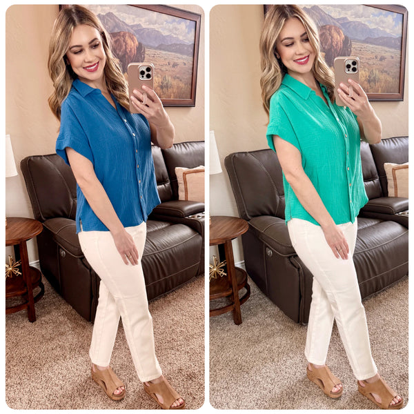 Short Sleeve Gauze Button Down Blouse