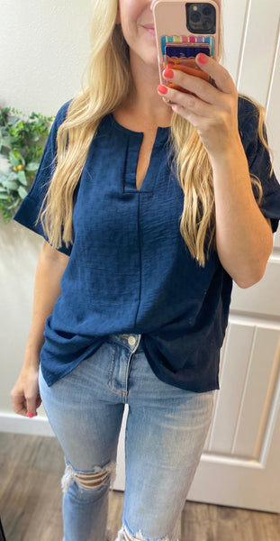 V-Neck Crinkle Dolman Sleeve Blouse in Navy