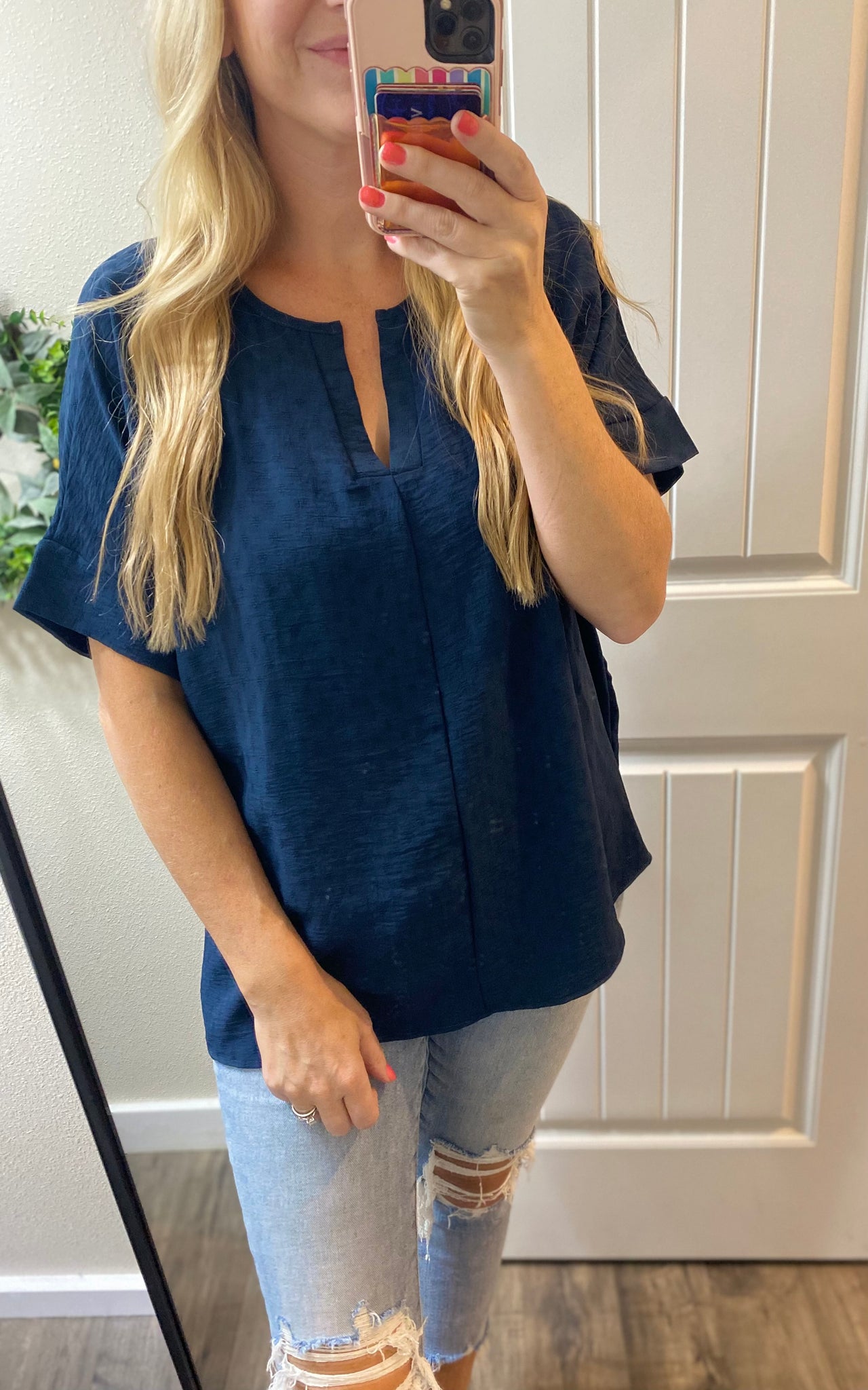 V-Neck Crinkle Dolman Sleeve Blouse in Navy
