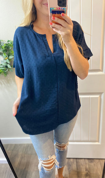 V-Neck Crinkle Dolman Sleeve Blouse in Navy