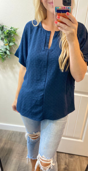 V-Neck Crinkle Dolman Sleeve Blouse in Navy