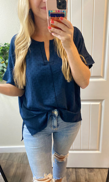 V-Neck Crinkle Dolman Sleeve Blouse in Navy