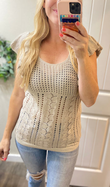 Pointelle Knit Flutter Sleeve Top