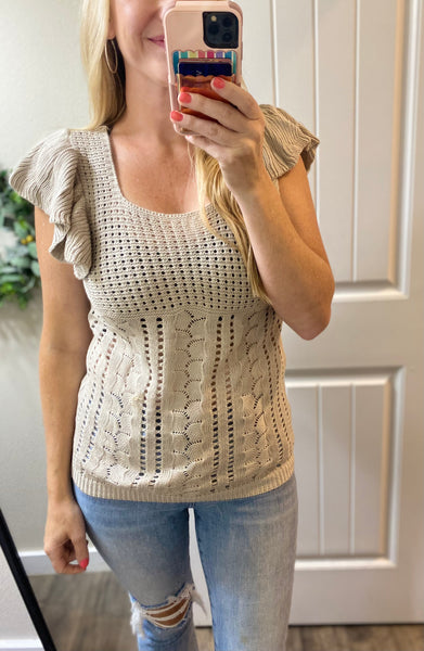 Pointelle Knit Flutter Sleeve Top