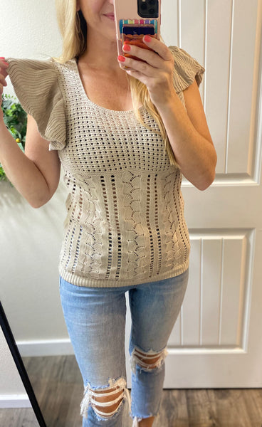 Pointelle Knit Flutter Sleeve Top