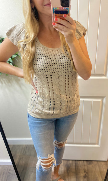 Pointelle Knit Flutter Sleeve Top