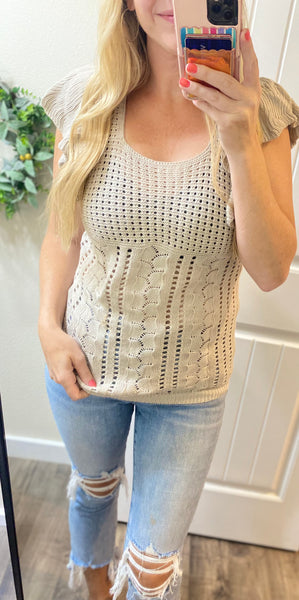 Pointelle Knit Flutter Sleeve Top