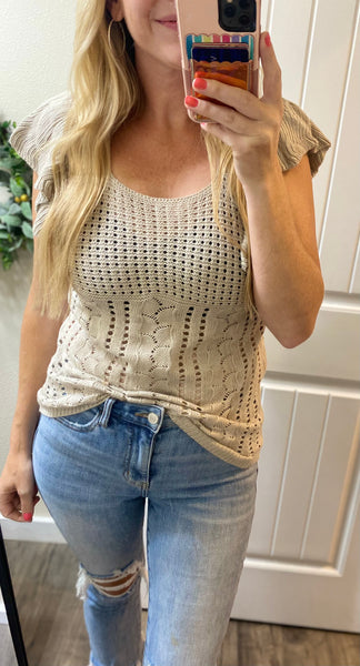 Pointelle Knit Flutter Sleeve Top
