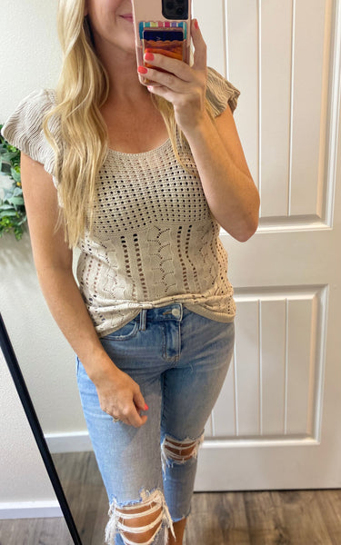 Pointelle Knit Flutter Sleeve Top