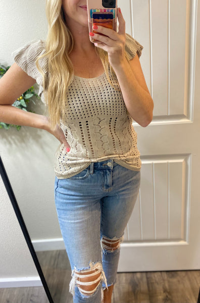 Pointelle Knit Flutter Sleeve Top