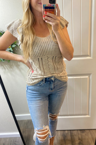 Pointelle Knit Flutter Sleeve Top