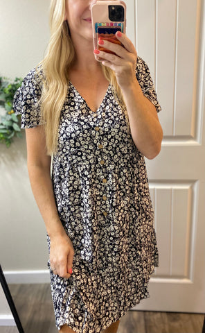 Floral Button Short Sleeve Midi Dress