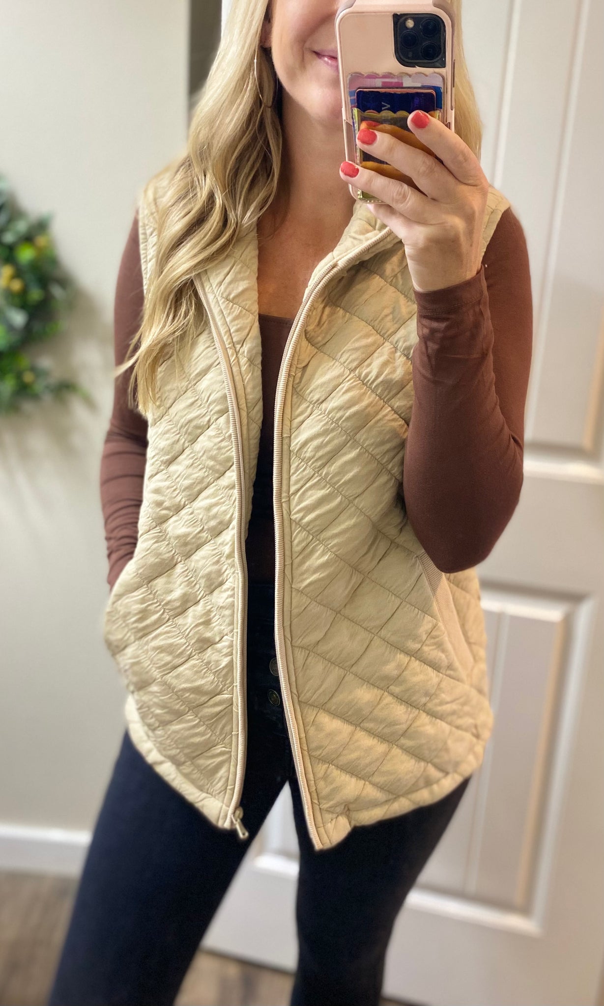 Heather Oatmeal & Black Quilted Hooded Vests