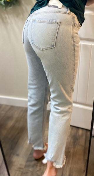 Kancan Acid Wash Fray Straight Crop Denim