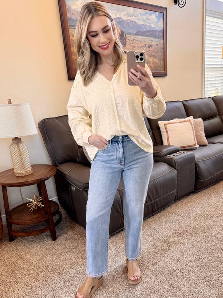 Long Sleeve Floral Crochet Top In Cream