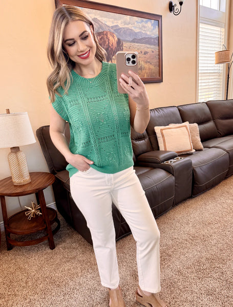 Emerald Short Sleeve Crochet Knit Top