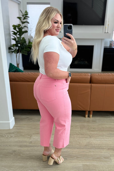 Judy Blue Tummy Control Wide Leg Crop Jeans in Pink