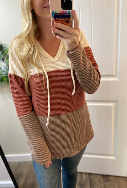 Rust Colorblock Ribbed Hooded Long Sleeve