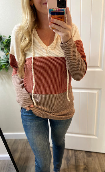 Rust Colorblock Ribbed Hooded Long Sleeve