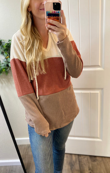 Rust Colorblock Ribbed Hooded Long Sleeve