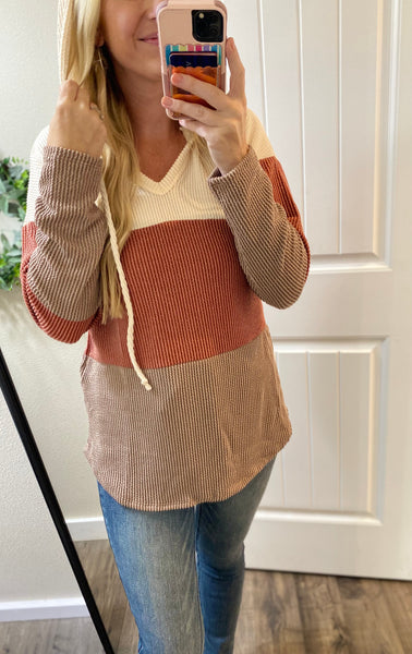 Rust Colorblock Ribbed Hooded Long Sleeve
