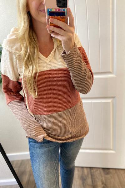 Rust Colorblock Ribbed Hooded Long Sleeve